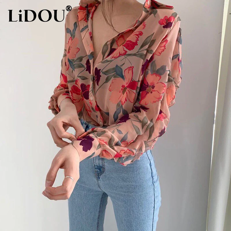 Primavera verão casual moda floral impressão manga longa chiffon camisa feminina doce all-match blusa de grandes dimensões feminino cardigan topo