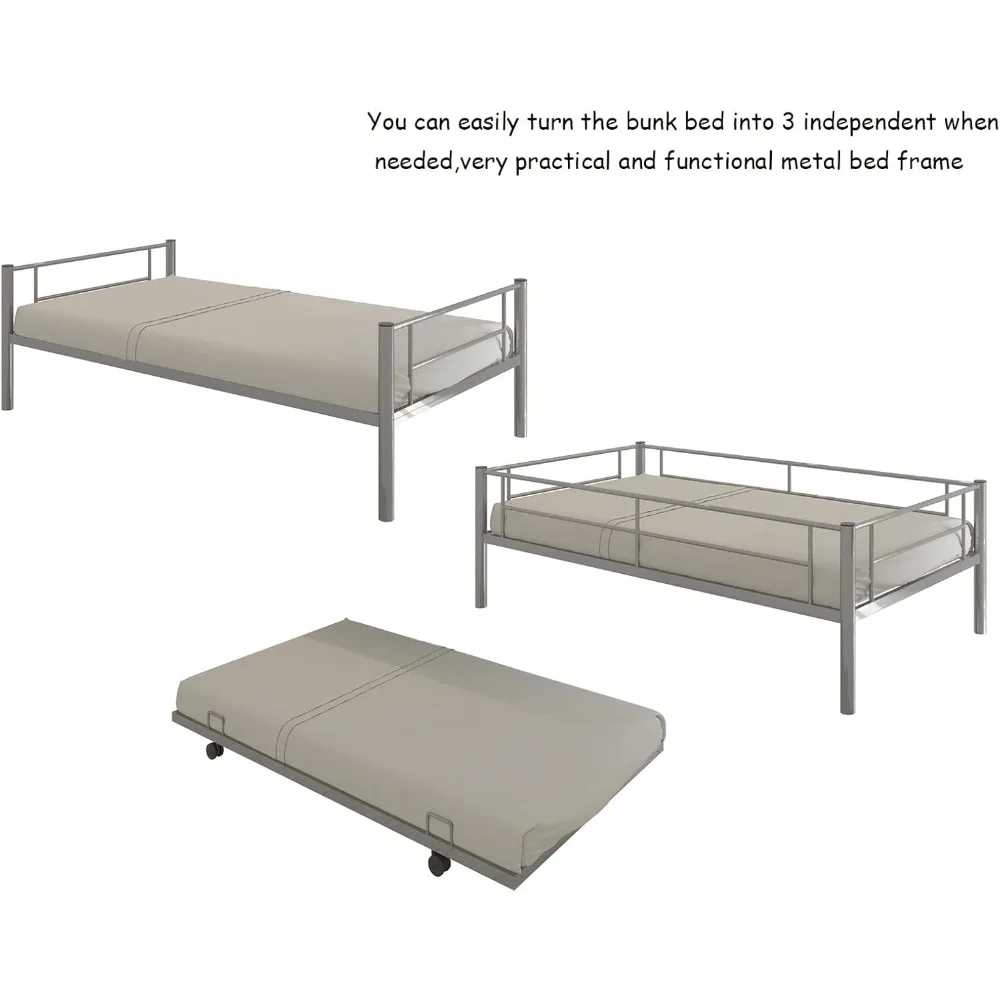 Metal Bunk Bed with Trundle ,Twin Over Twin Bunk Beds with Slats, Heavy Duty Bunkbed Frame for Adults,Teens,Boys and Girls