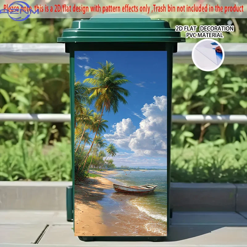 2D Flat Printing 1pc 2D Pattern Printed Kitchen Trash Can Sticker xcm Seaside Coconut Grove Scenery Themed Kitchen Home Decor