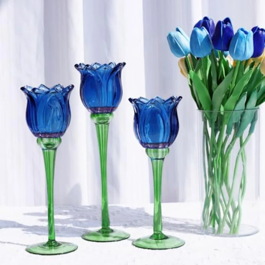 Blue Flower Tealight Candle Holder Set of 3 with Different Heights, Lovely Tulips Tea Light Candle Holder Glass Table Centerpie