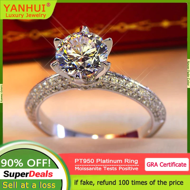 YANHUI Rare PT950 Platinum Rings Round Sparkling Diamonds 1 Carat VVS1 D Color Moissanite Rings Wedding Band Jewelry for Women