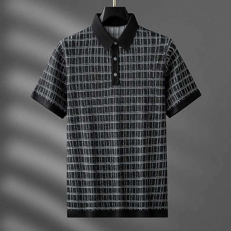 Men's Summer New Fashionable Versatile High end Slim fit Thin Style Checkered Ice Silk Neck Knitted Polo Shirt Short Sleeve Top