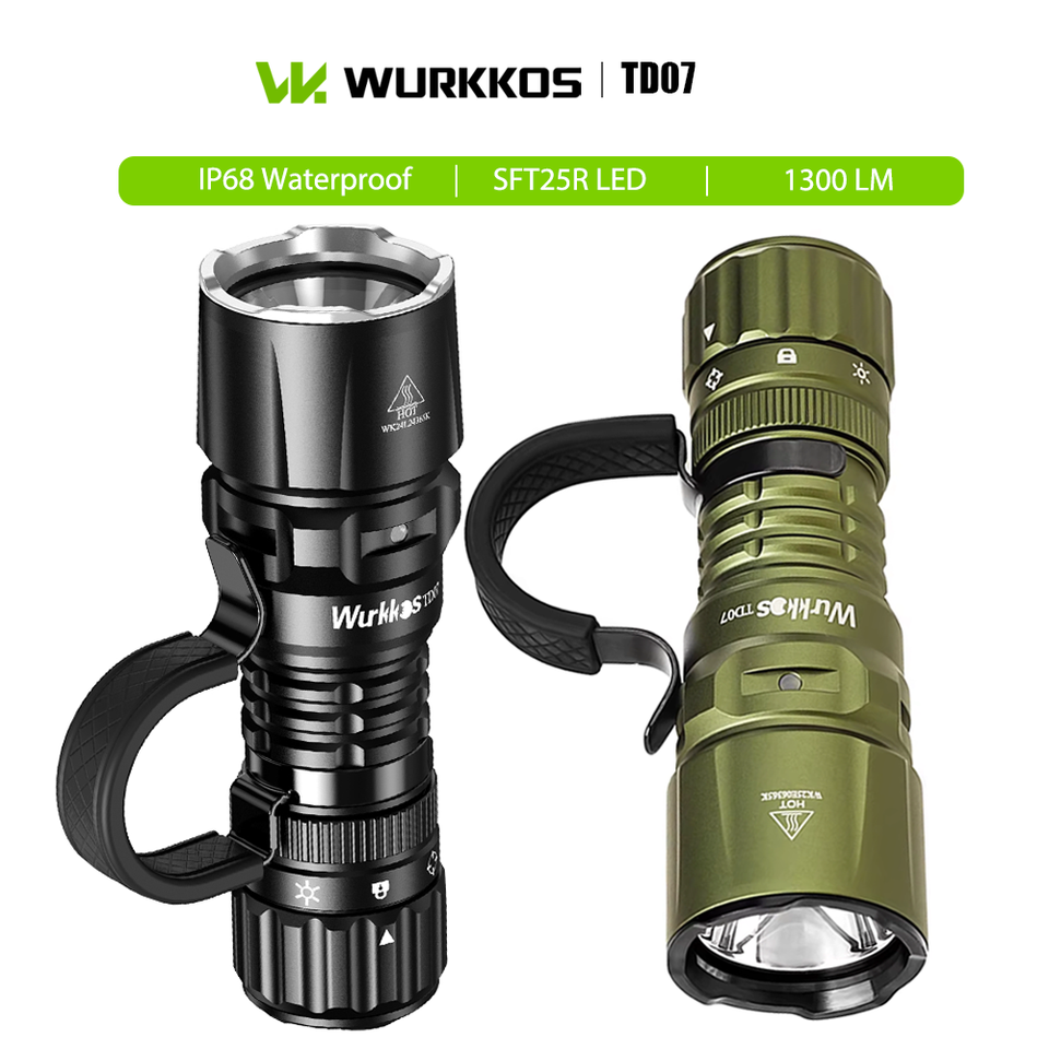  Wurkkos TD07 Tactical Flashlight 1300LM Range 479m IP68 Rechargeable Torch use 18350 Battery Portable for Camping Patrol Rescue 