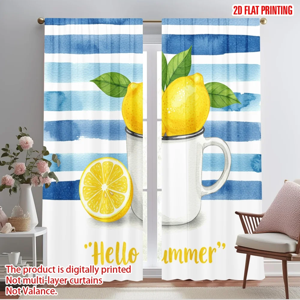 

2pcs 2D flat printing Party Curtain Lemon Summer Watercolor Polyester Without Electricity Family Party Perfect for Living Room