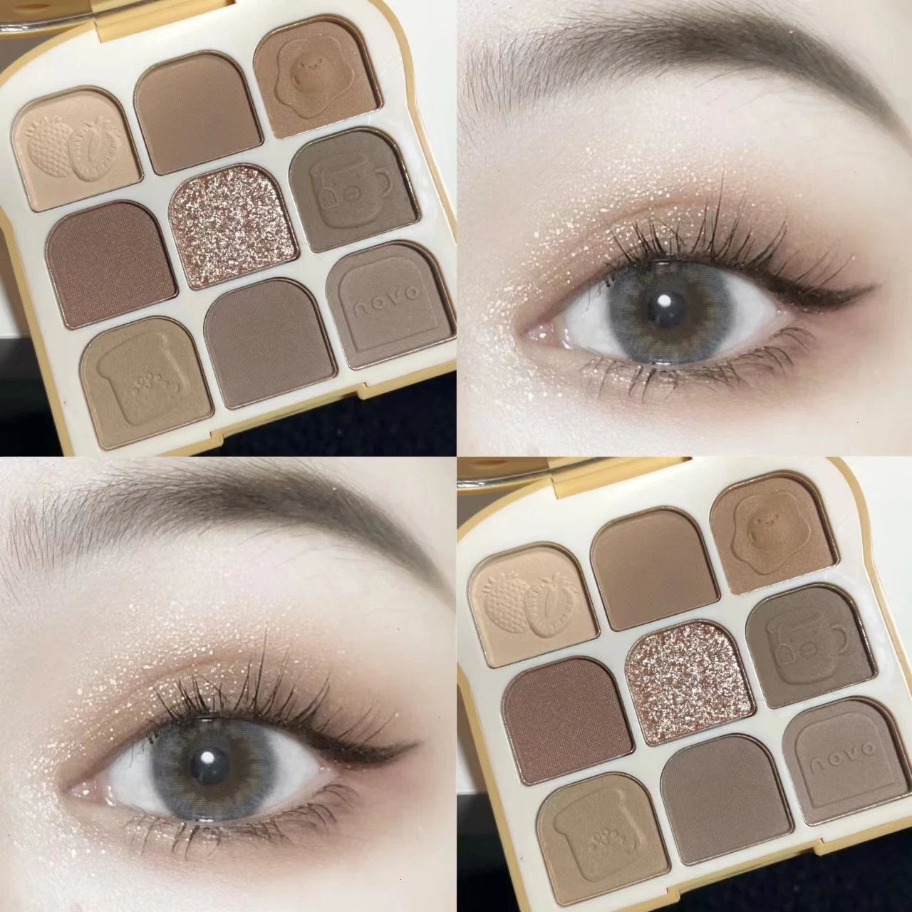 Paleta de sombra de ojos NOVO, 9 colores, Toast Matte Glitter, placa de ojos nacarada, paleta de maquillaje linda, sombra de ojos brillante de naturaleza duradera