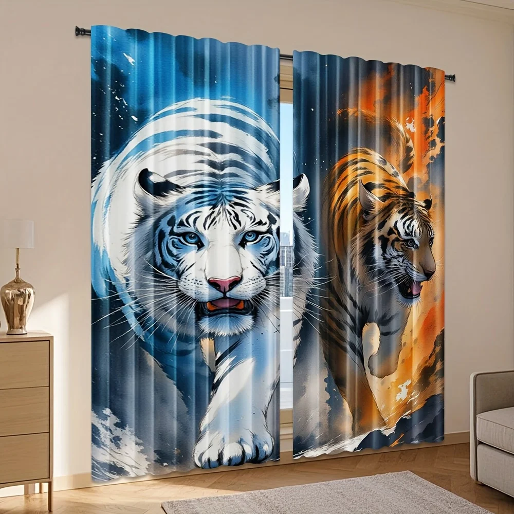 Watercolor White Orange Tiger Curtain 2 Panels Ink Splash Blue Orange Contrast Background Master Bedroom Curtain Wild Animal