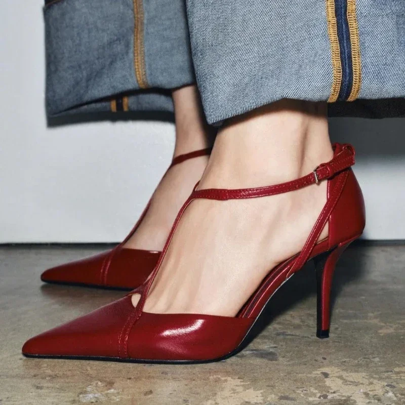 Women's Elegant Burgundy Patent Leather T-Strap Pointed Toe Stiletto High Heel Ankle Buckle Pumps for Party Dress Summer 2026