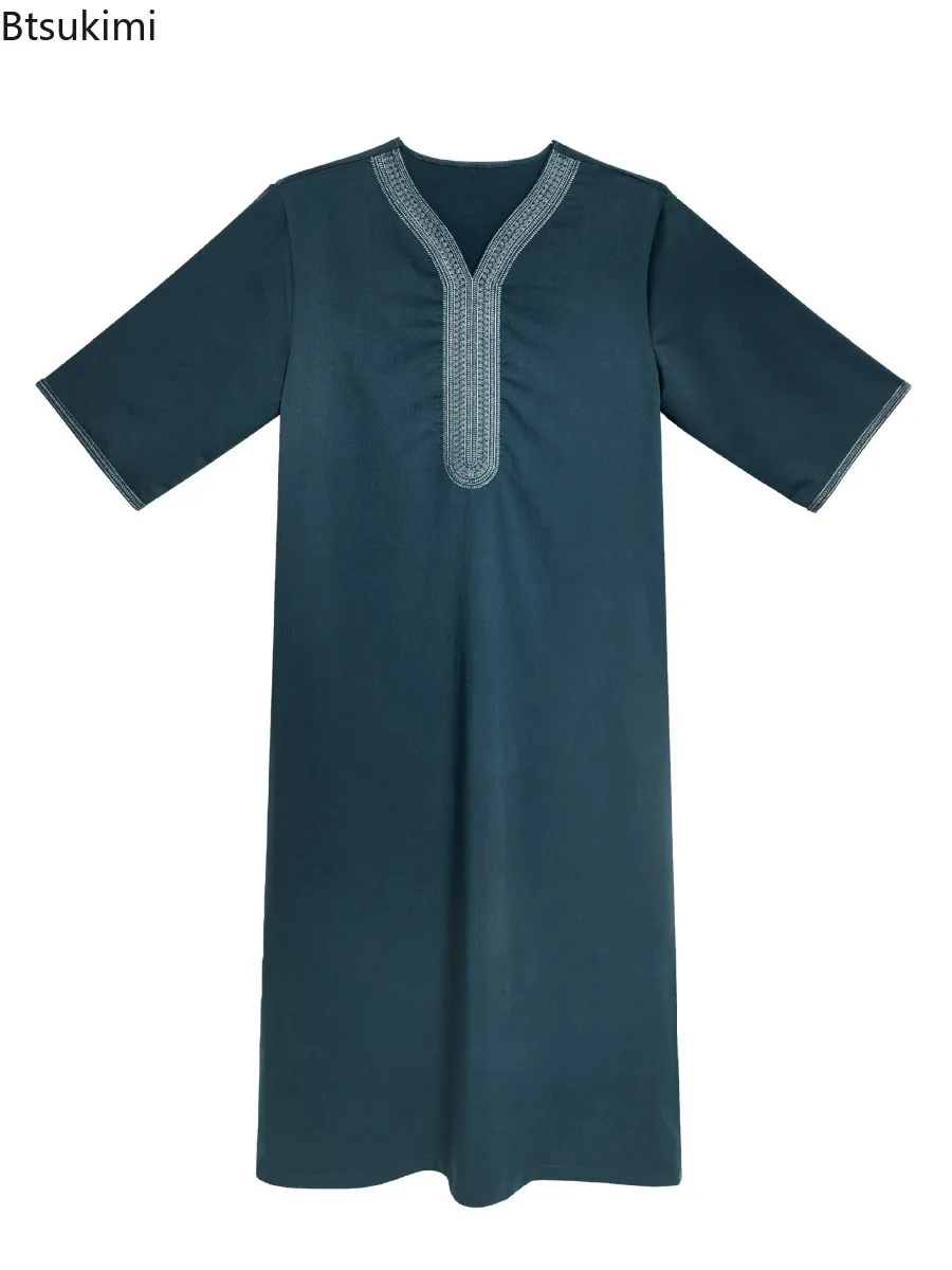 

Мужской кафтан в ближневосточном стиле, мусульманская мода, абайя с коротким рукавом, повседневный халат, дышащий, в этническом стиле, с вышивкой, марокканский тобе