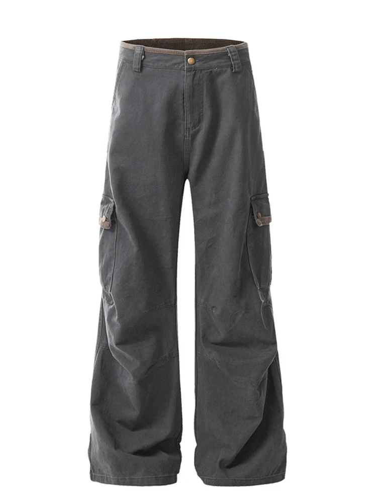 Retro American Street Grey Work Pants Men Women Straight Loose Casual Multi Pocket Leisure Brand Spring Denim Jeans