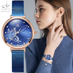 Shengke Top Luxury Quartz Wristwatch for Women Blue Stainless Steel Strap Fashion Casual Ladies Watches Best Gift Reloj de mujer