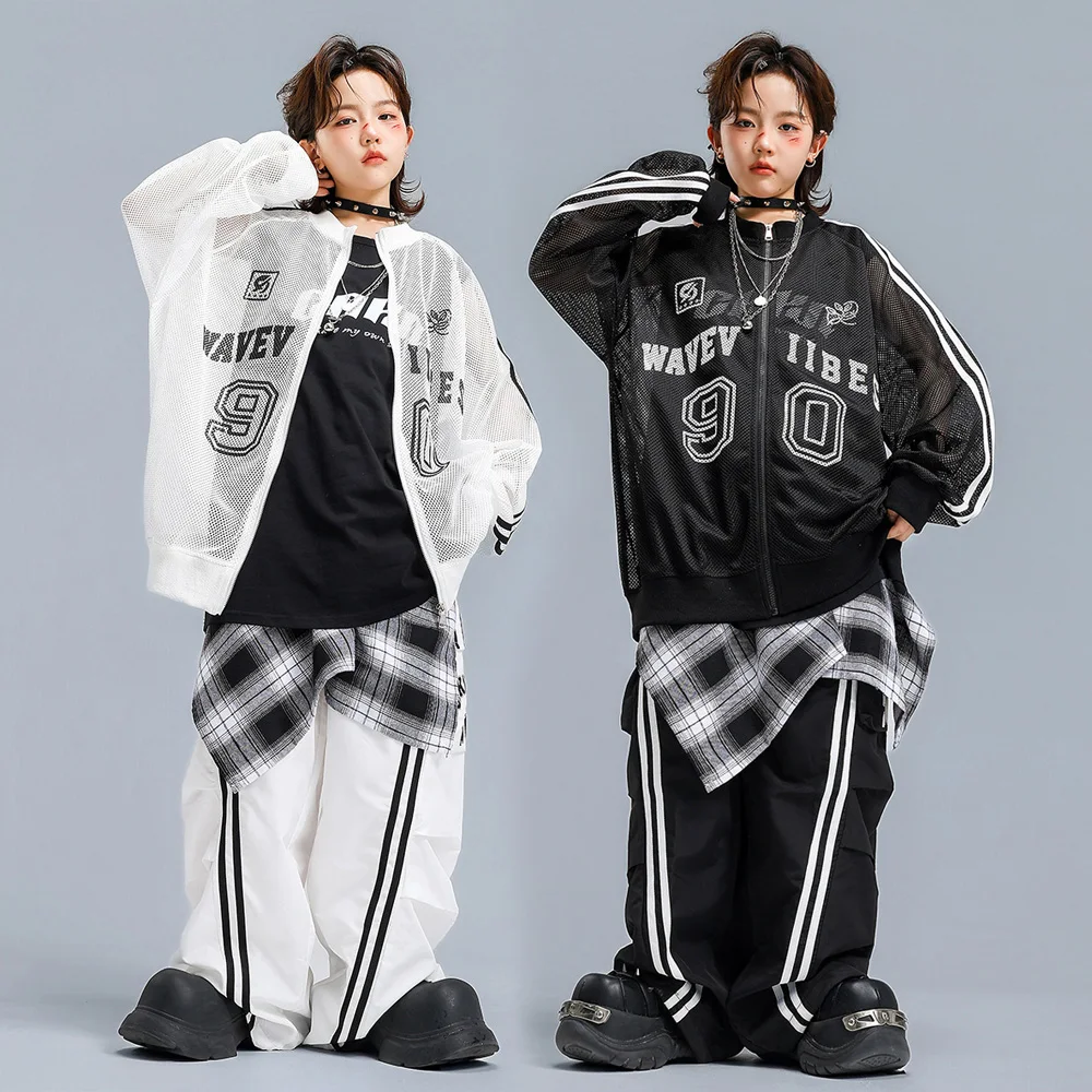 

Детская уличная одежда для мальчиков и девочек, сетчатая бейсбольная куртка в стиле хип-хоп, комплекты брюк, детское пальто, брючные костюмы, одежда для танцора, сценического шоу, костюм