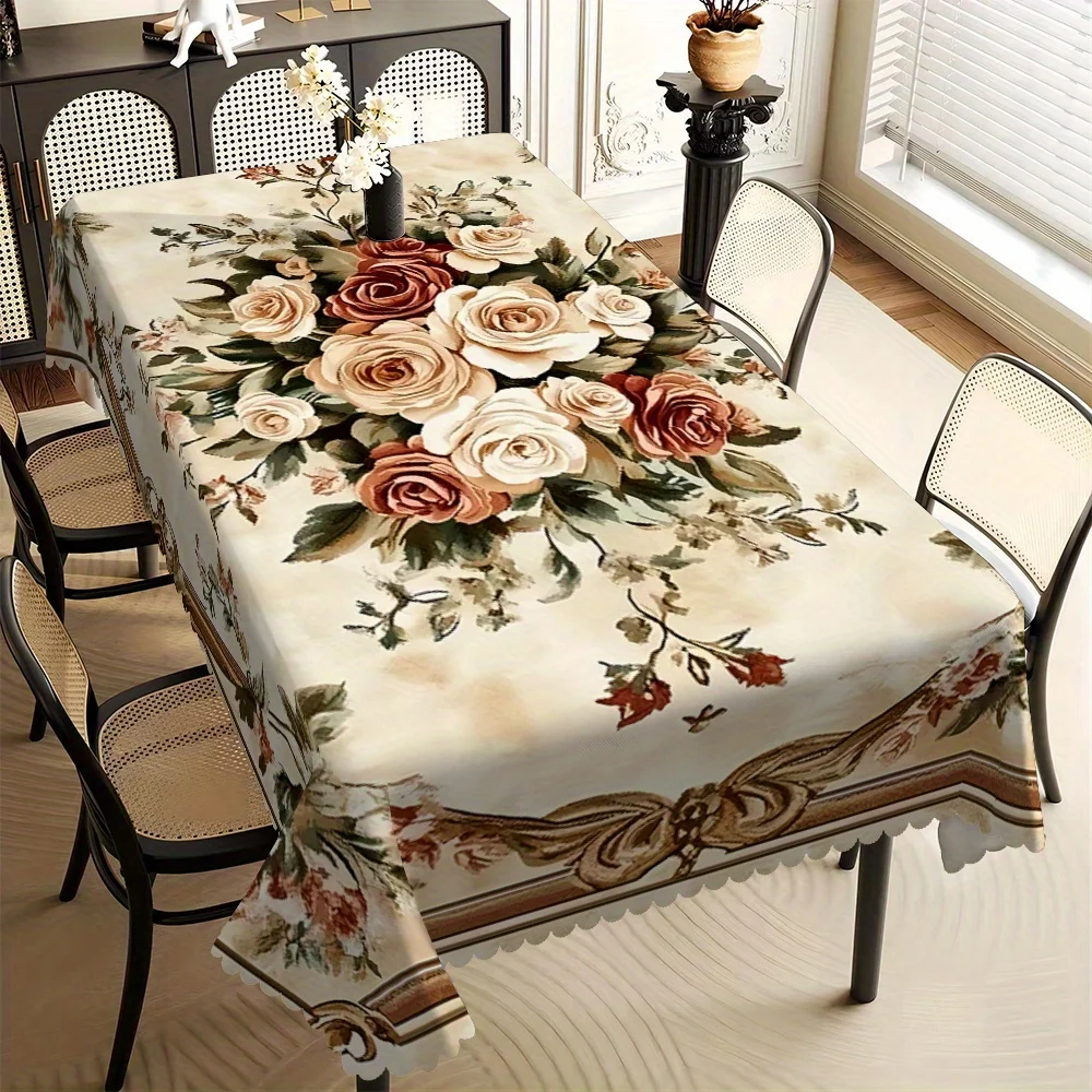 A Beautiful And Elegant Floral And European Lace Printed Rectangular Tablecloth,  Suitable for Home Dining Rooms, Living Rooms