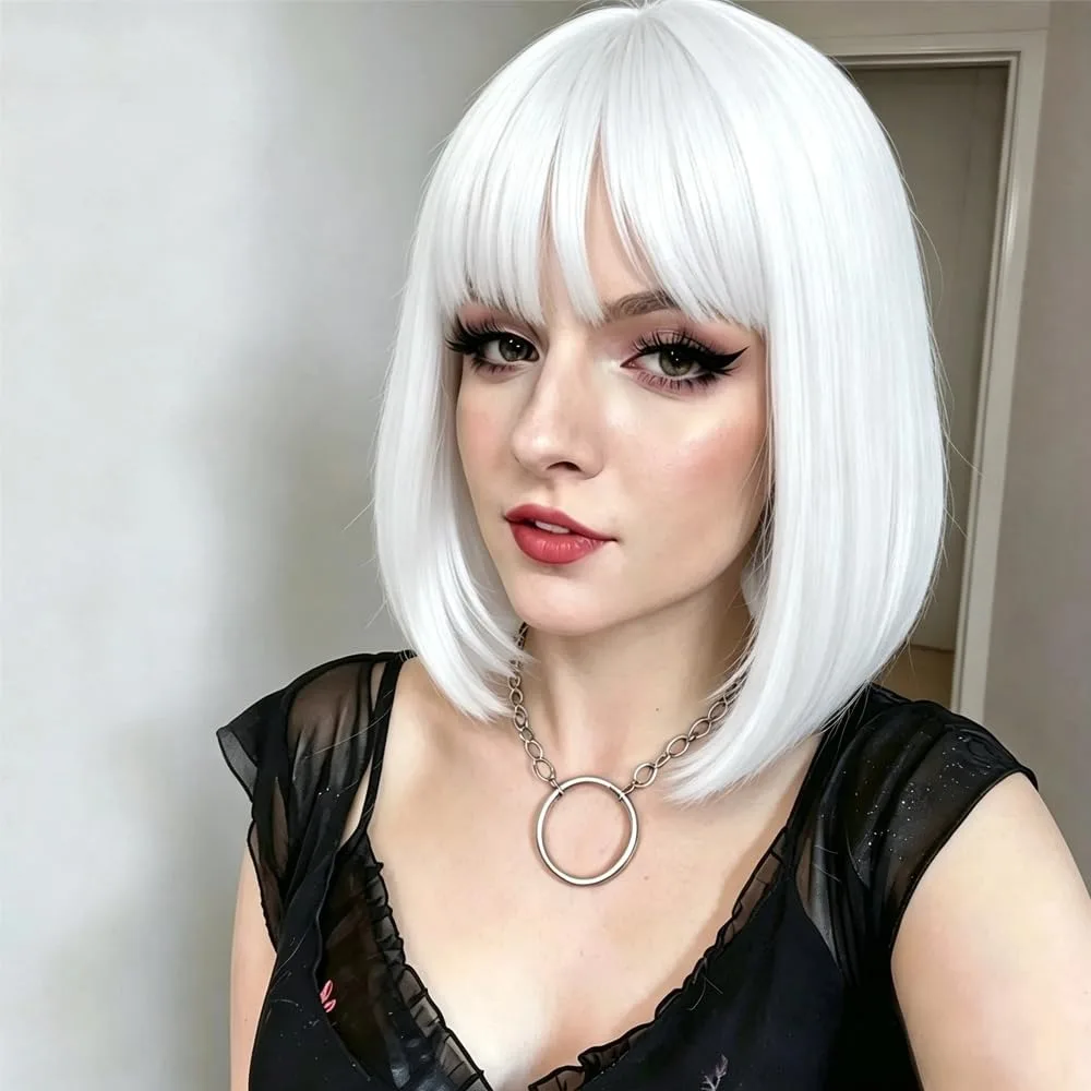 White bob hairstyle synthetic wig for party Halloween cosplay wig for role-playing daily high-temperature hairnet