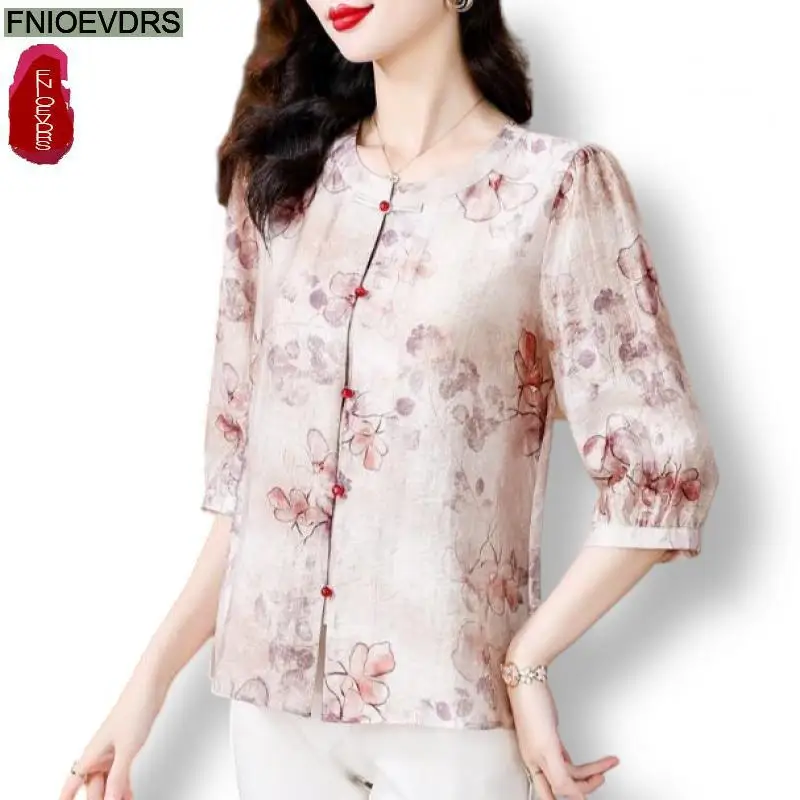 M-4XL Loose Clothes 2024 Summer Retro Vintage Tops Short Sleeve Women Elegant Print Button Shirts Blouses