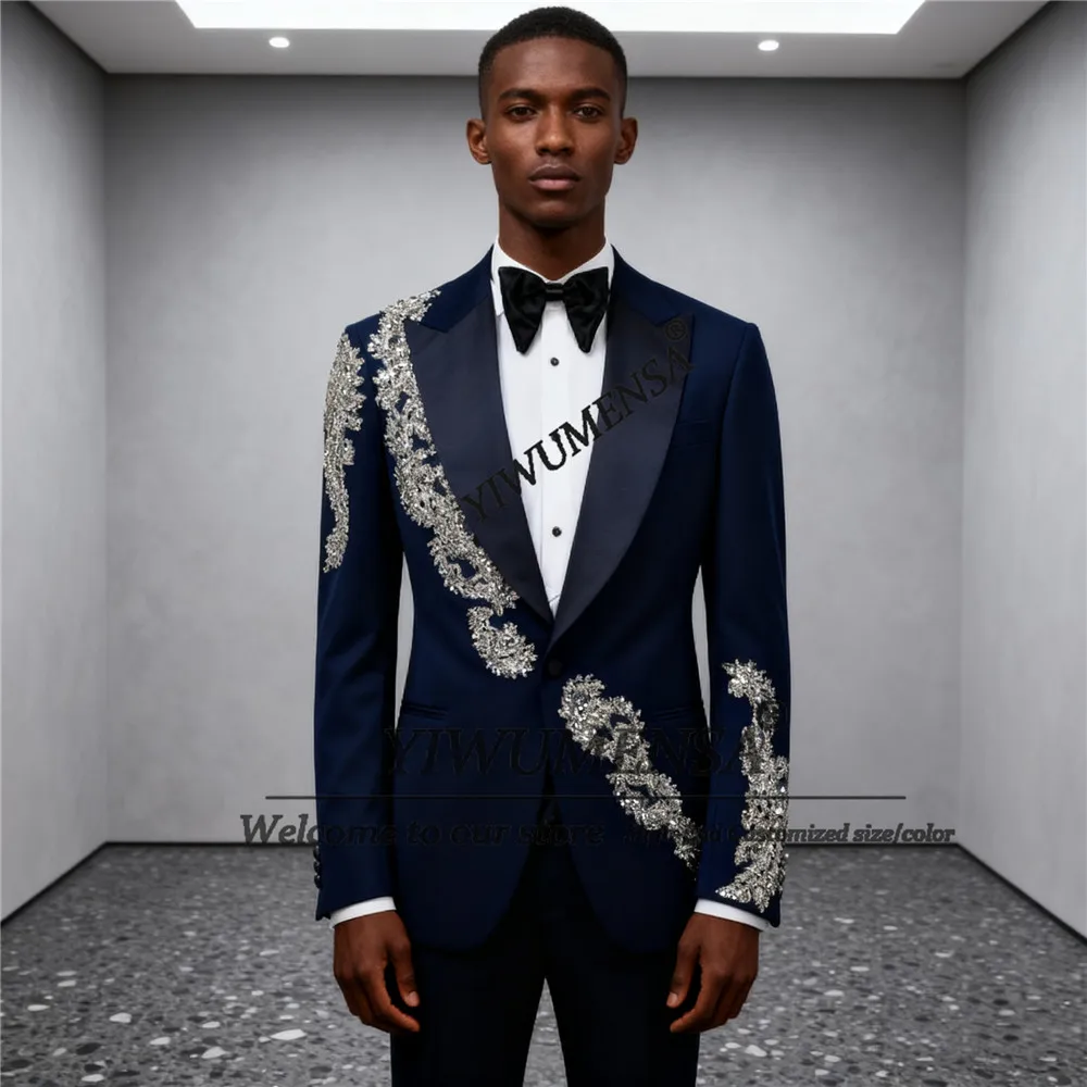 

Роскошные свадебные костюмы с камнями из бисера для мужчин, однобортные пиджаки для выпускного вечера, индивидуальные комплекты из 2 предметов, костюм Homme, смокинги для жениха