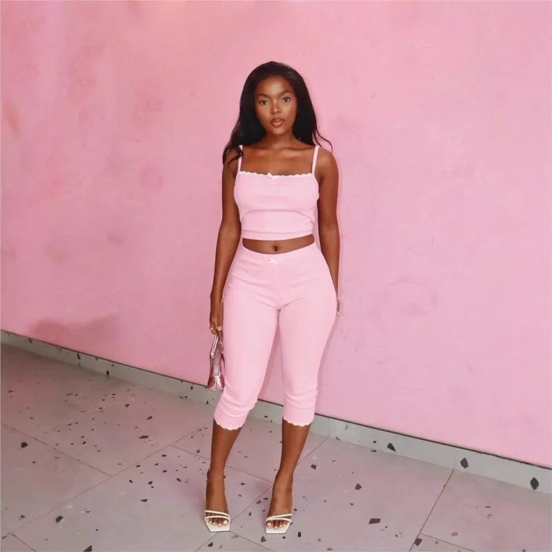 2025 Slim New In Matching Sets 2 Pieces Set For Woman Two Piece Outfits Sling Bodycon solid Color Sweet Casual Pants Sleeveless