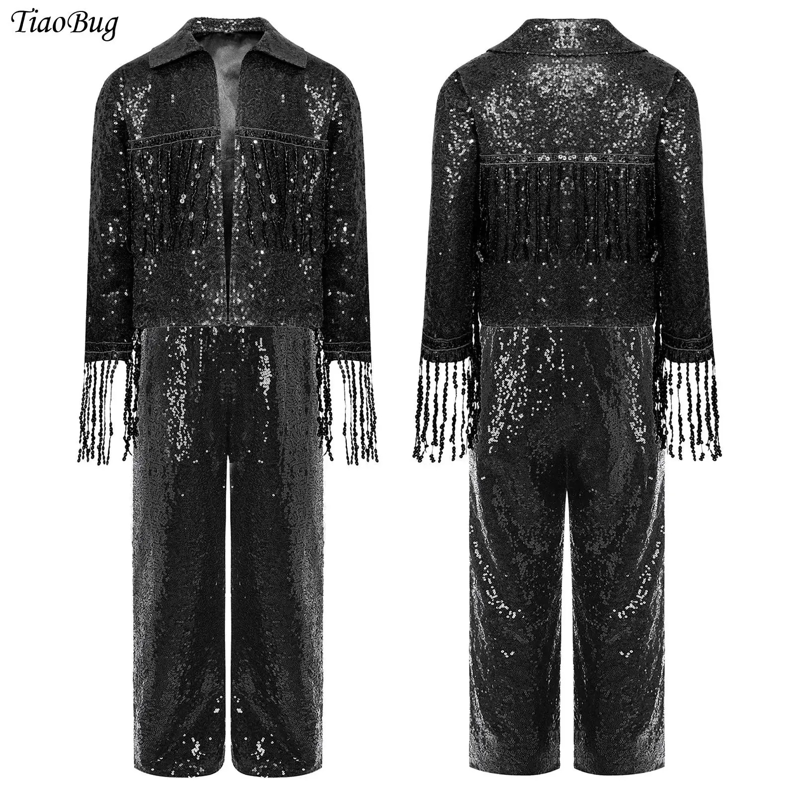 

Kids Girls Jazz Dance Performance Costume Sparkly Sequin Tassel Jacket Long Sleeve Open Front Coat Outwear with Sequined Pants