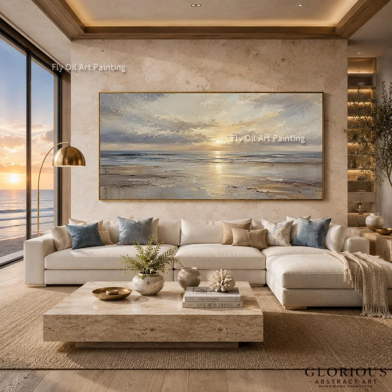 Thick Texture Canvas Oil Painting Hand Painted Golden Ocean Sunset Seaside Landscape Living Room Decor