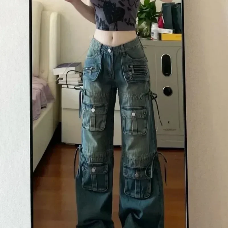 

Women BF Style Y2k Streetwear Harajuku Baggy Multi-Pocket Blue Denim Cargo Pants Low Waisted Wide Leg Jeans 2000s Aesthetic Kpop