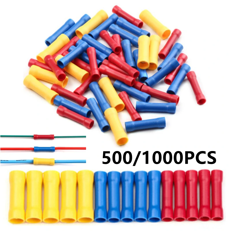 

1000/500Pcs BV Crimp Terminals Butt Splice Connectors Wire Copper Insulated Electrical Straight Wire Terminal BV1.25 BV2.5 BV5.5