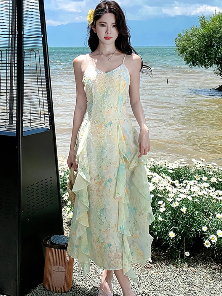 Summer Boho Jacquard Floral Sling Sexy Long Dress Women Elegant Casual Ruffled Prom Clothes 2025 New Korean Body Festival Dress