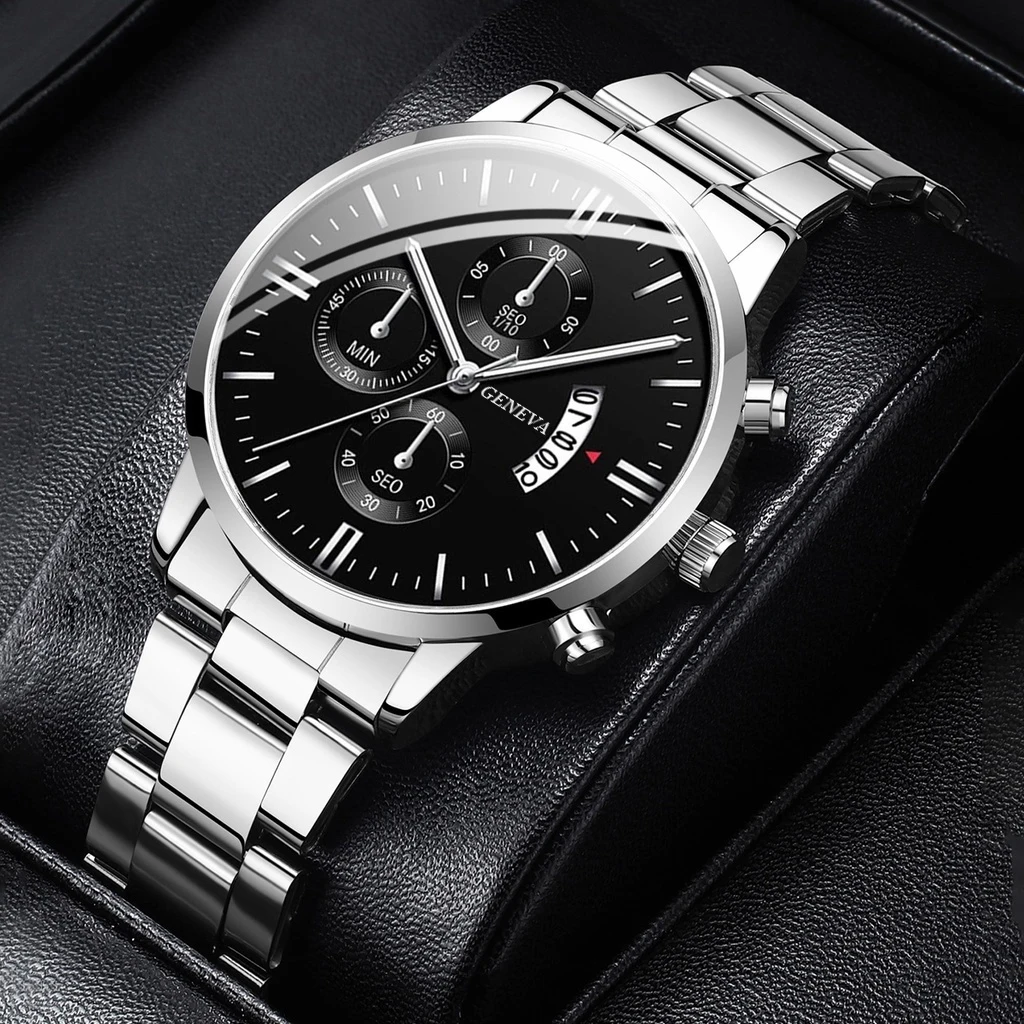 4Pcs/Set New Men's Temperament Watch Fashion Calendar Stainess Steel Business Watch With Bracelet Necklace Ring Set