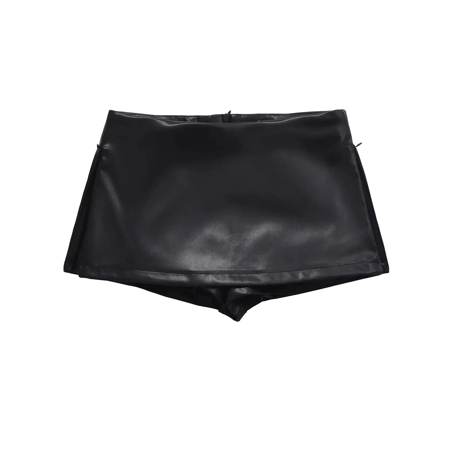Summer Black Mini Leather Skirts Elegant  Faux Leather Skirts For Woman Low Rise Skirts Split Leather Skirt With Shorts Brown