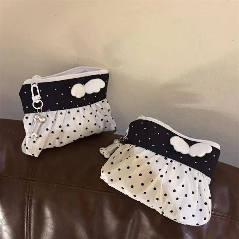 Korean Polka Dot Zipper Purse Wings Pleated Ruffle Mini Cosmetic Pouch Lightweight Mini Storage Wallet For Girls Daily Use