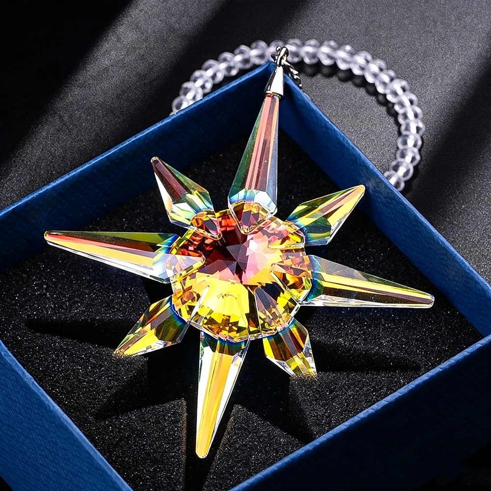 AB Aurora Crystal Car Hanging Ornament Sun Catcher Cross North Star Prism Rainbow Maker Rearview Mirror Pendant Luxury Gift Box