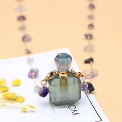 1pc quadrado pedra natural fluorite perfume garrafa pingentes para colar reiki óleo essencial difusor garrafa charme colar feminino