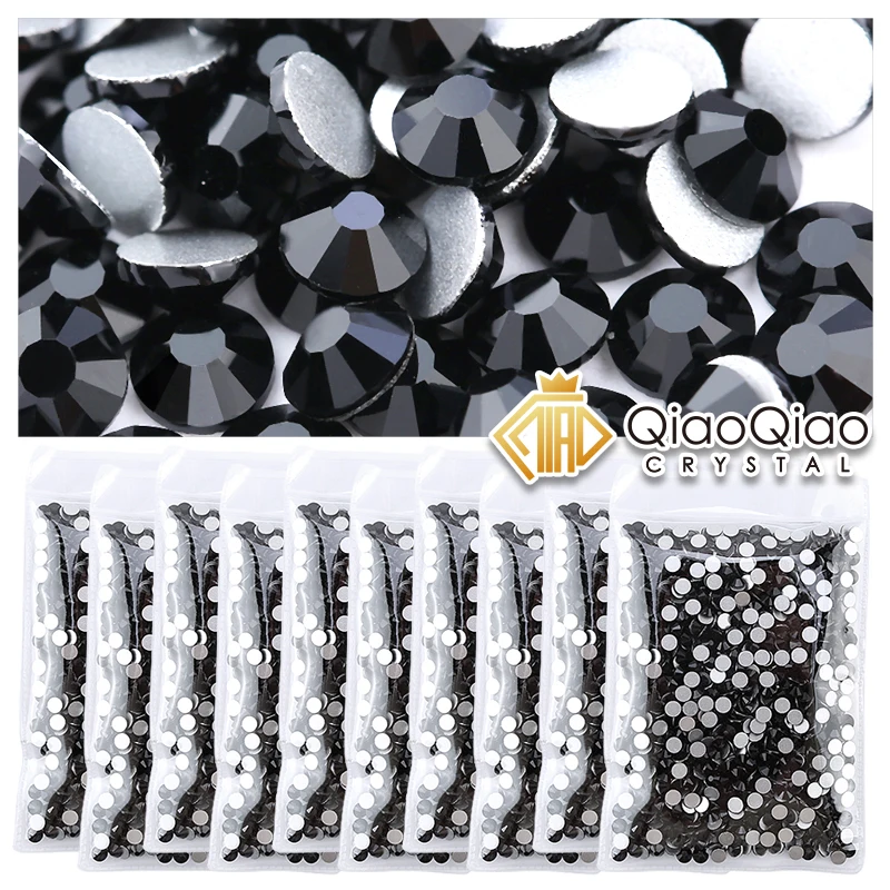 QIAO Jet Black  Wholesale SS4-SS20 Top Quality Rhinestones Glass DIY Non Hotfix Flatback Nail Rhinestone Glue On Glitter Strass