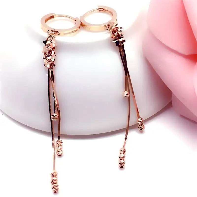 585 Purple Gold Plated 14K Rose Gold Soft Chain Round Bead Drop Earrings for Women Exquisite Stars Creative Party Jewelry Gifts