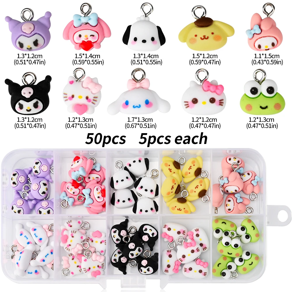 36/42/50/70Pcs MINISO Kawaii Kuromi Hellokitty Nail Charms 1Box Cartoon Resin Hello Kitty Kuromi Nail Art With Hoop Cute Craft