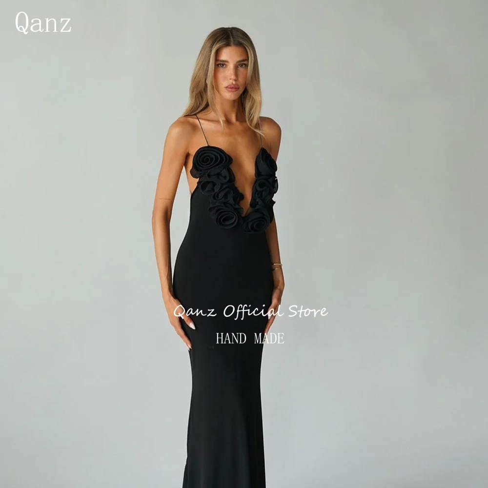 

Qanz Sexy Mermaid Evening Dress Backless Black Vestido De Festa Spaghetti Straps Deep V Neck Wedding Guest Dresses Customized
