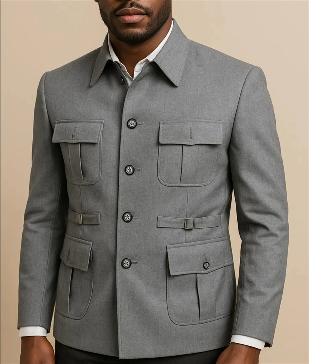 

Grey Hunting Style Safari Suits 2 Pieces Vintage Office Suit Coat Pants for Men (Jacket+Pants) Tailor Made
