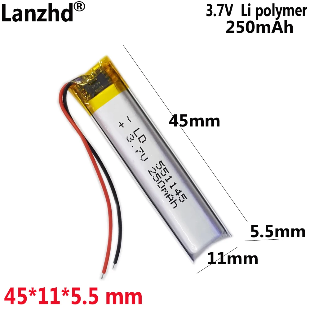 Li-Ion Polymer Battery 3.7v 250mah Lipo 551145 For Electronic Product Mp3 Mp4 Mp5   Gps Bluetooth Headset Speaker Reading Pen