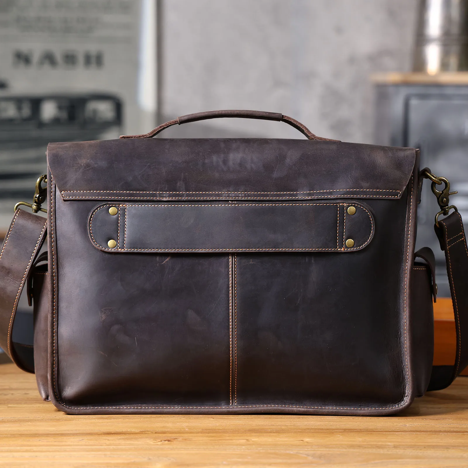 S.WORKER Vintage Echtleder Herren-Aktentasche 16" Laptop-Tasche Crazy Horse Leder Messenger-Handtasche Rindsleder Geschenkidee für Männer – Detail 10