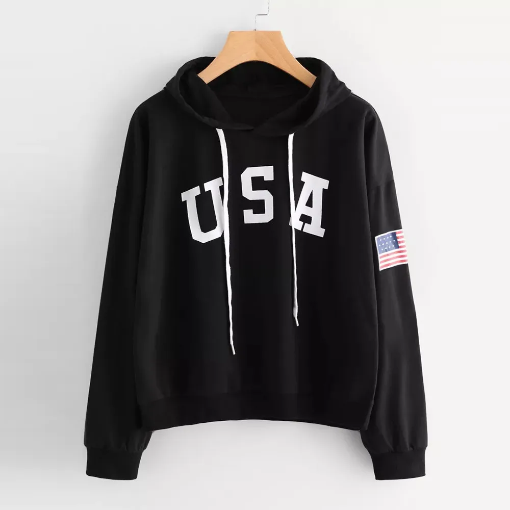 Usa American Flag Patriotic Print Women Sweatshirt Harajuku Casual Hoody Fashion Loose Hoodie Autumn Vintage Warm Female Top