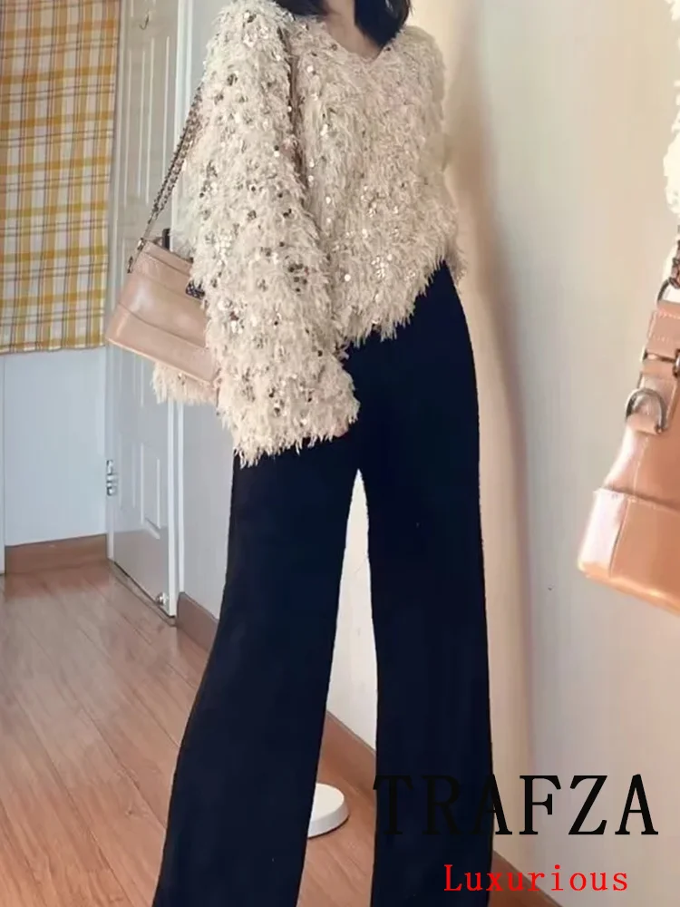 TRAFZA Vintage Chic Women Sweater Solid Pullover Sequined Long Sleeve Knitted Loose Sweater Fashion 2024 Autumn Winter Tops