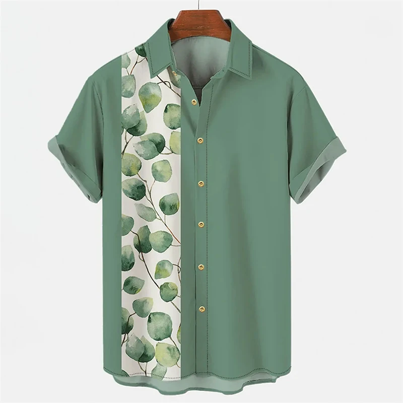 Camisa masculina com padrão de planta havaiana, casual, tops grandes, blusa de manga curta, moda verão, Y2k, 2024