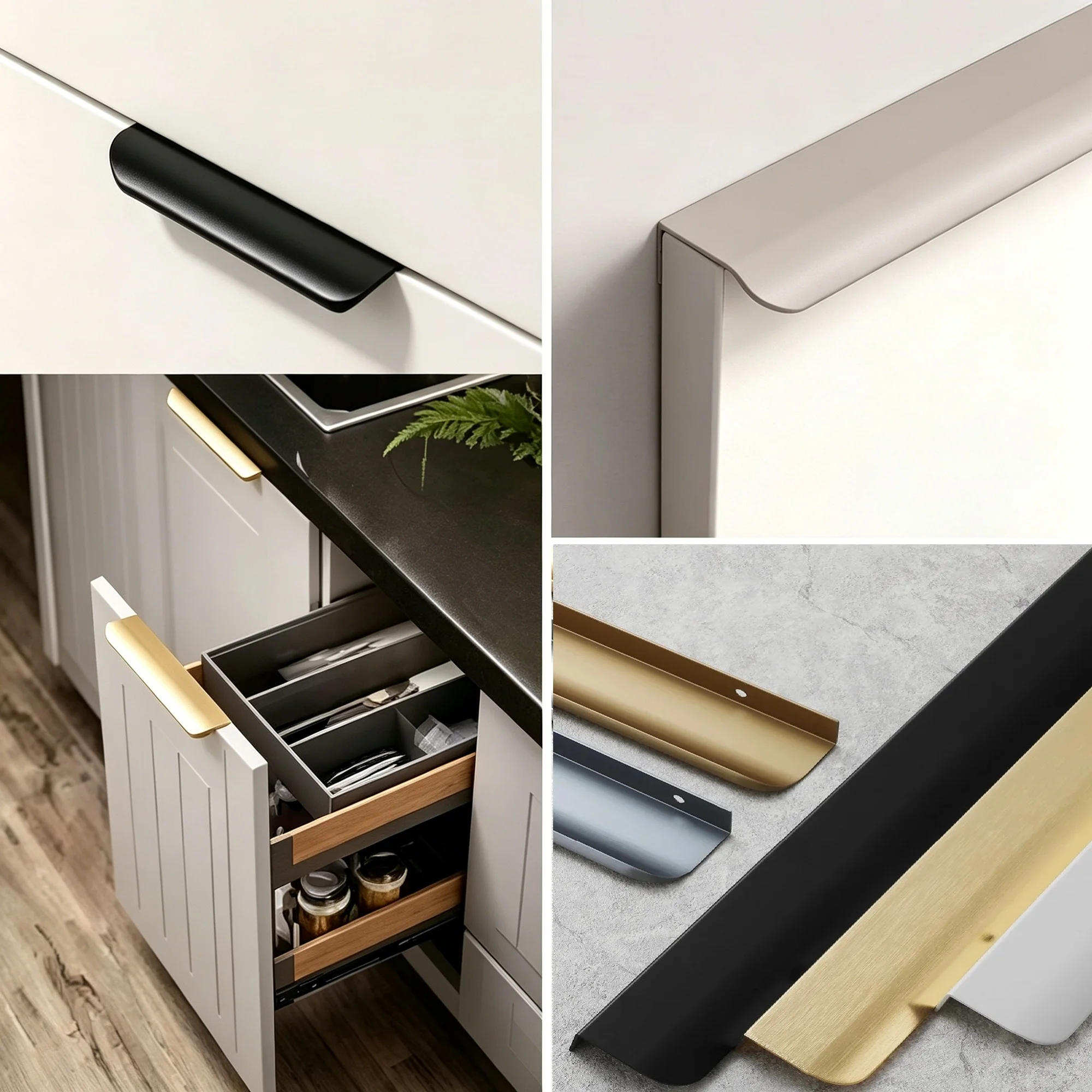 Modern Minimalist 1.2mm Thick, 80-1200mm Long Perforated Wardrobe Long Black Handle Cabinet Curved Edge Sealed Invisible Handle