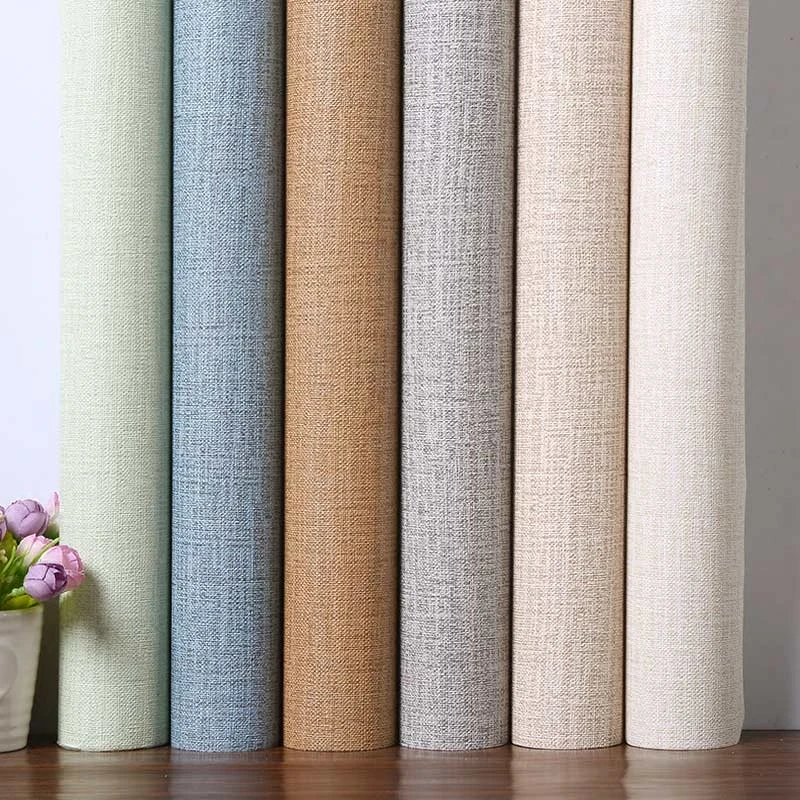 Linen PVC Self Adhesive Wallpapers for Kitchen Cabinets Bedroom Living Room Wall Vinyl Solid Waterproof Contact Paper Room Decor