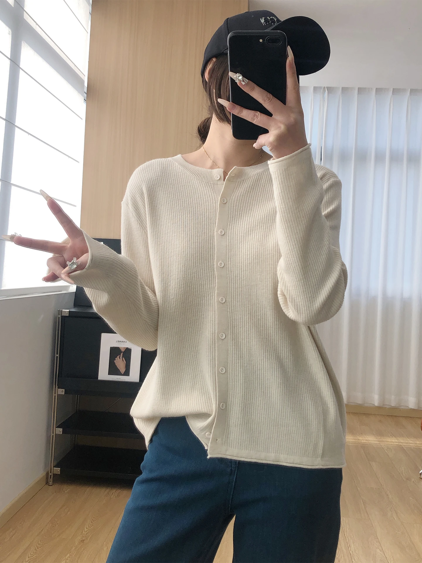 

Soft Skin-Friendly Woolen Knitted Long Sve Casual Open Cardigan Women Spring Loose Top Fine Stripe Slimming Effect
