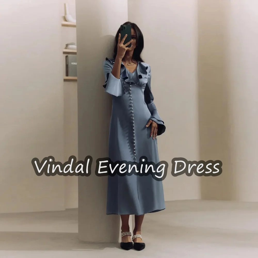 Vestido de noite formal com decote em v Vindal para mulheres, comprimento chá, crepe linha A, babado elegante, sutiã embutido, mangas compridas da Arábia Saudita, 2024