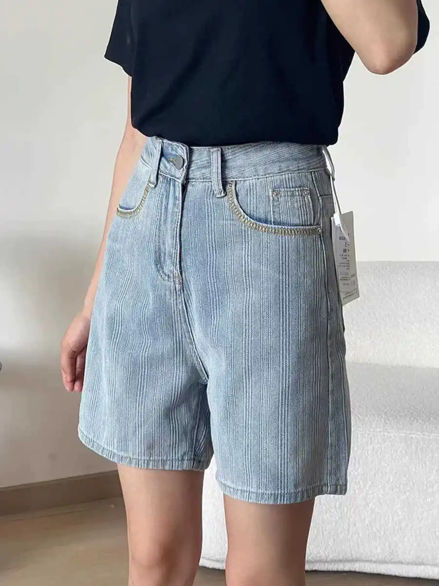 

Plus Size Women Denim Shorts Summer Thin High Waist Design Straight Jean Pants Zipper Fly Casual Female Shorts