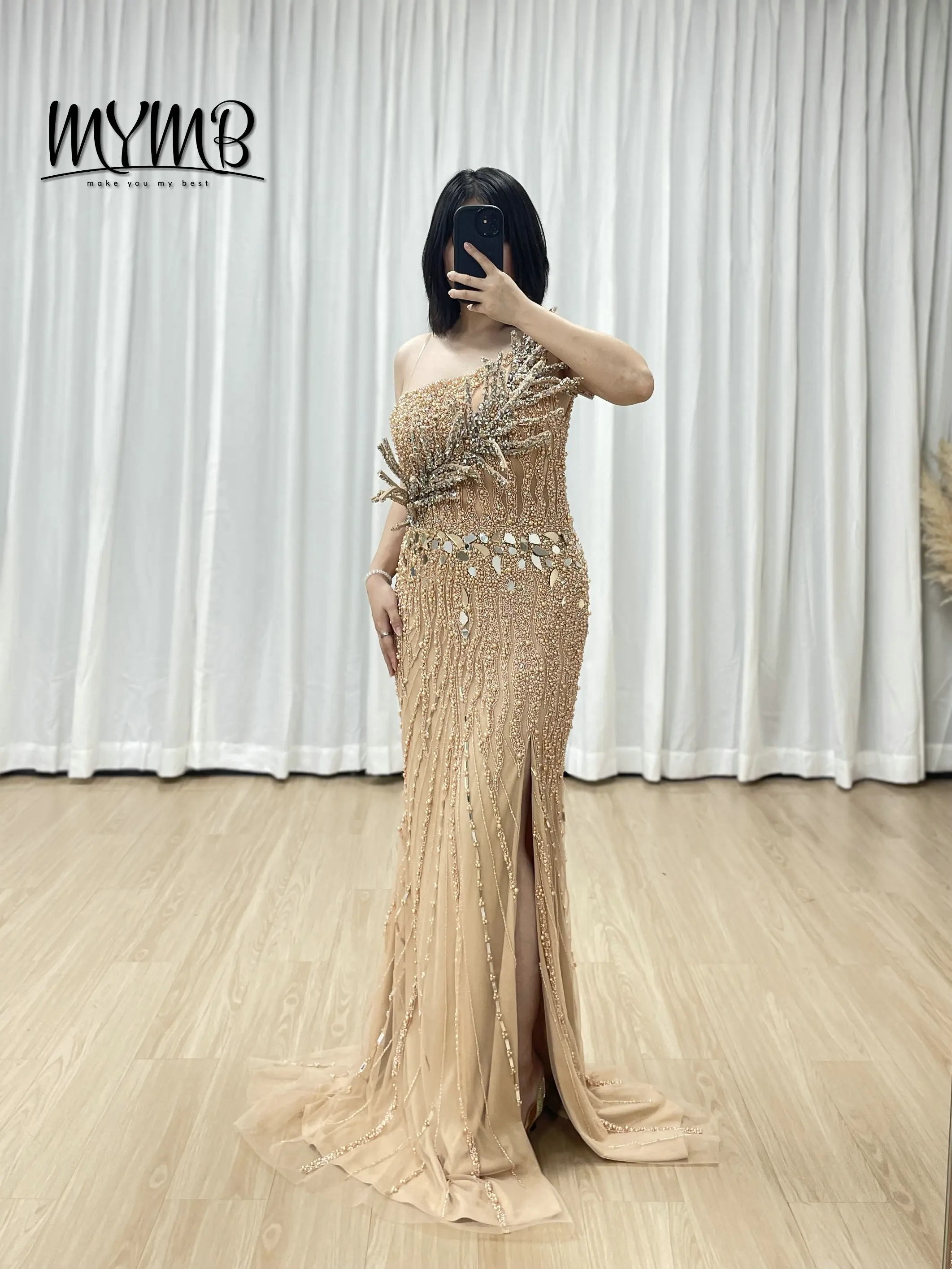 

MYMB Champagne Sleeveless One Shoulder Mermaid Beaded Long Evening Gown Elegant Gown for Formal Occasion for Women Party MY30154