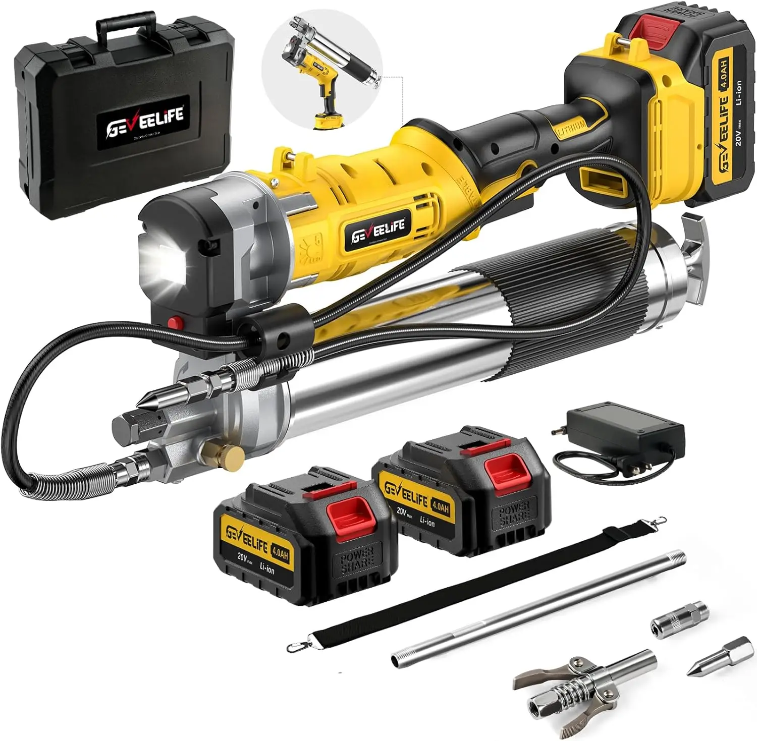 مسدس شحم كهربائي - تصميم 2 في 1 مطور 2025 مع بطاريات 2 × 4000 مللي أمبير في الساعة وشاحن سريع و90 °   مقرنة دوارة، 12000 رطل لكل بوصة مربعة - ساخنة