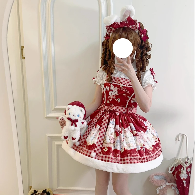 Original Lolita Red Dress Set Jsk Summer Sweet Girls Cute Printed Bow Birthday Dress Lori Lo Daily Mini Dress Short Sleeve Shirt