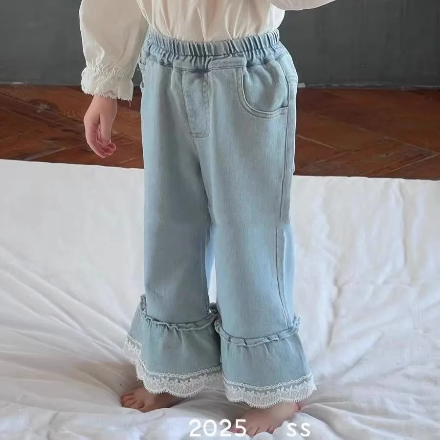 

Children Clothing Girls Pants Spring Autumn New Korean Girls Fashion Lace Denim Flared Pants Children Versatile Pants