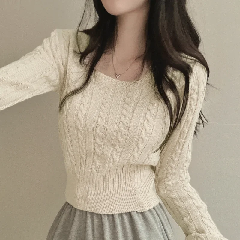 Japanese Vintage Cable Knit Top Women's Korean Fashion Square Collar Cropped Waist-Fitted Base Sweater Niche Unique Top